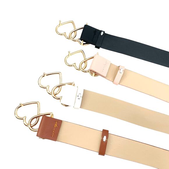 Belt Vegan Leather Camel Tan NEW 27"-35" Gold Tone Double Heart Total 40" - Picture 4 of 9